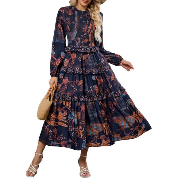 Navy Fall Floral Smocked Dress with Puff Sleeves - Perfect for Any Occasion - Picture 1 of 6